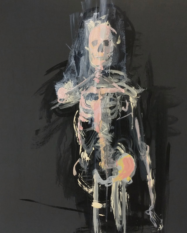GUILLAUME KLOOTIER. Série Chiaroscuro (squelette) 2019. Peinture acrylique sur bois, 76x62cm